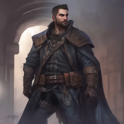 Prompt: (Full body) male stocky big-chested bandit with short hair and beard, no shirt on, in a dark castle, pathfinder, d&d setting, in a realistic digital art style