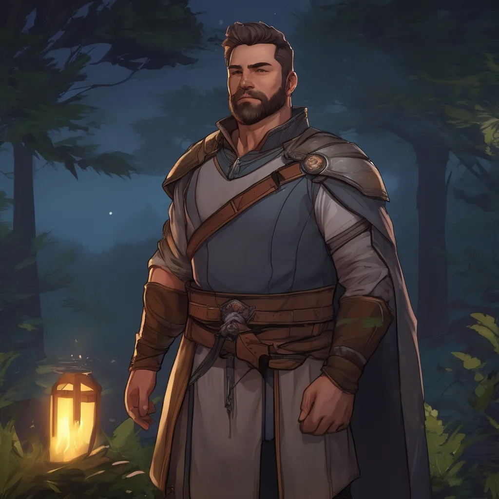 Prompt: (Full body) male stocky big-chested hairy-chested paladin with short hair and beard, open shirt, in nature at night, pathfinder, d&d setting, in a realistic digital art style