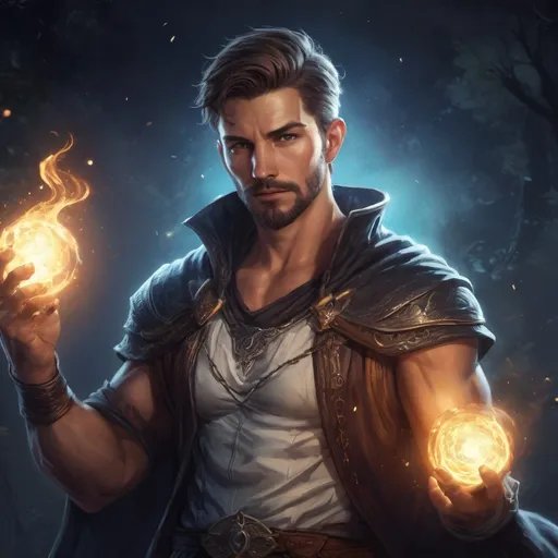 Prompt: A male muscular manly Oracle with short hair and beard, casting magic spell, in a nature at night, pathfinder, d&d setting, in a realistic high quality digital art style