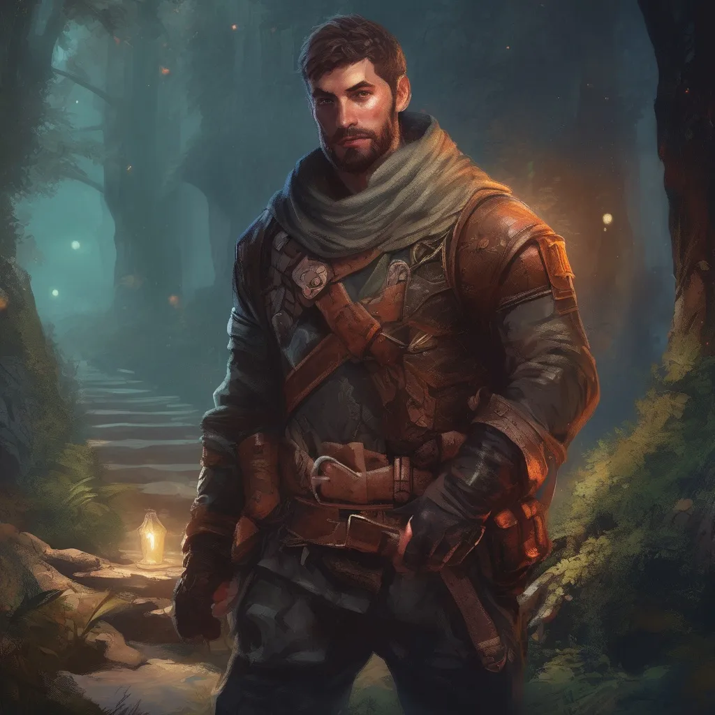 Prompt: (Full body) male stocky handsome thief explorer with short-cut hair and beard, in a forest cave at night pathfinder, d&d setting, in a realistic high quality digital art style