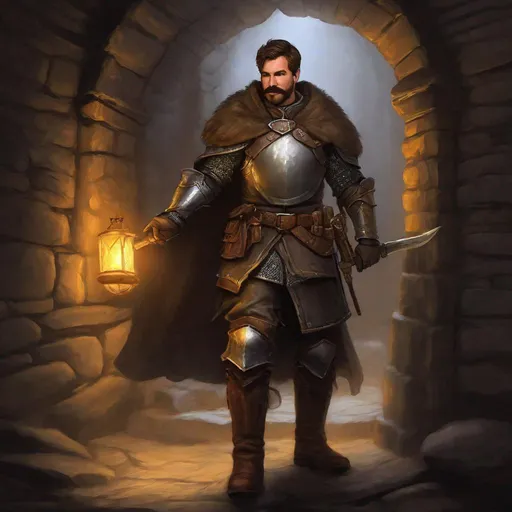 Prompt: (Fullbody) an mature knight manly face, brown-grey short-hair mustache and stubble, heavy armor, hairy chest, heavy belt, brown boots, cloak, pathfinder, dungeons and dragons, exploring an old dungeon in the dark, holding lantern and a weapon, in a painted style, realistic