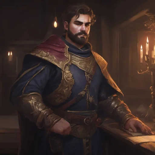 Prompt: (Full body) male stocky young royal noble with short-cut hair and beard, in a dark room, pathfinder, d&d setting, in a realistic digital art style