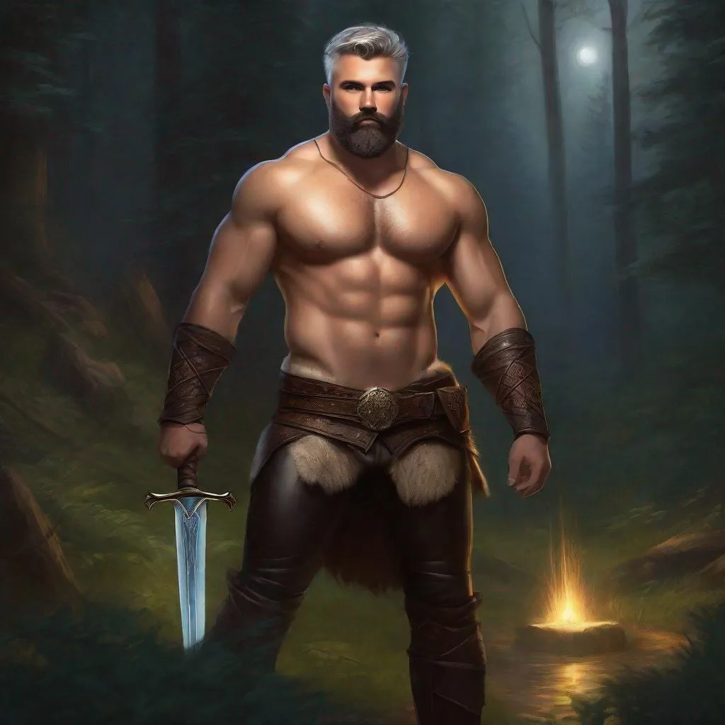 Prompt: (Full body) a fuzzy hairy-chested gay bear fighter with short beard  grey short-cut hair no shirt on, belt, boots, leather pants, holding a sword, standing in a forest glade at night, fantasy setting, dungeons & dragons, in a painted style realistic art