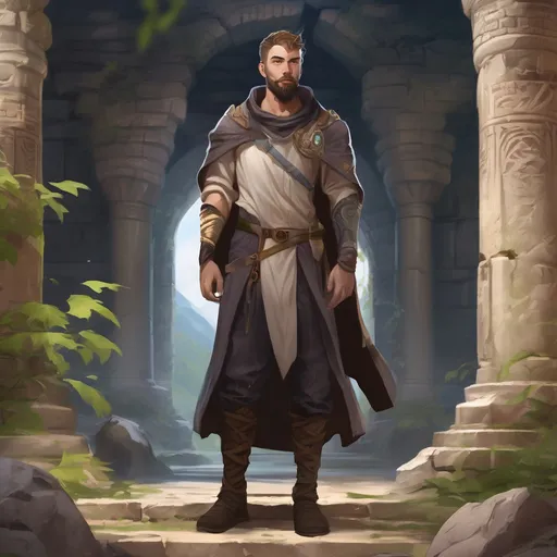 Prompt: (Full body) male nature-mage with short hair and beard, in a temple ruin, pathfinder, d&d setting, in a realistic digital art style