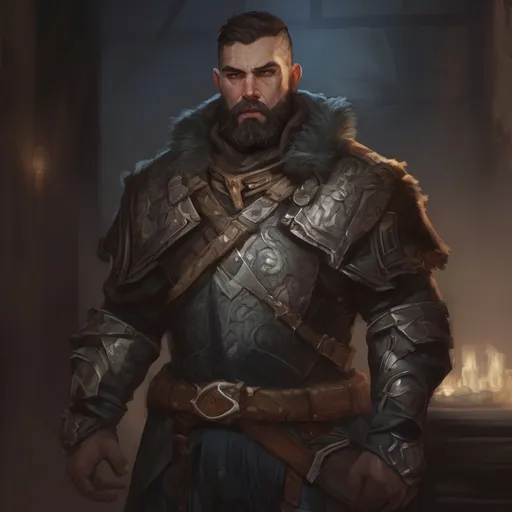 Prompt: (Full body) male stocky warpriest with short-cut hair and beard, in a dark room, pathfinder, d&d setting, in a realistic digital art style