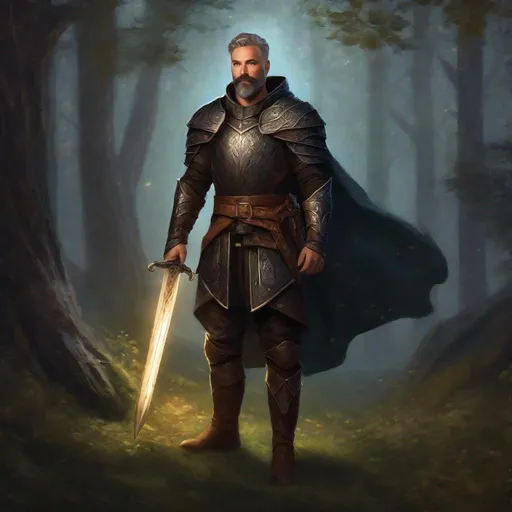 Prompt: (Full body) A male arcanist with short cut salt and pepper hair with beard manly face, black-leather armor pathfinger, magic swirl, holding weapon, dungeons and dragons, brown boots, fantasy setting, standing in a forest glade at night, in a painted style realistic art