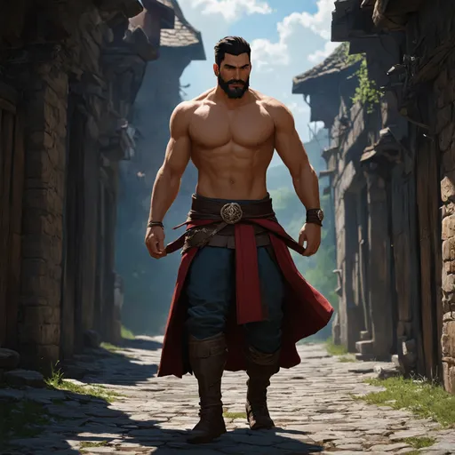 Prompt: (Full body) male martial fighter with short hair and beard, lots of chest hair, no shirt on, with a hairy chest, exploring a dark back alley in fantasy town, pathfinder, d&d setting, in a drawn digital art style