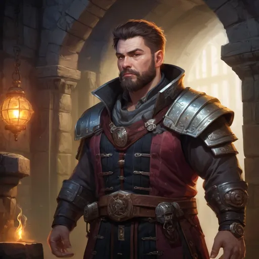 Prompt: Male stocky heavy-set magical engineer with short-cut hair and beard, fat, inside a temple dungeon at night, pathfinder, d&d setting, in a realistic high quality digital art style, enhanced shadow quality