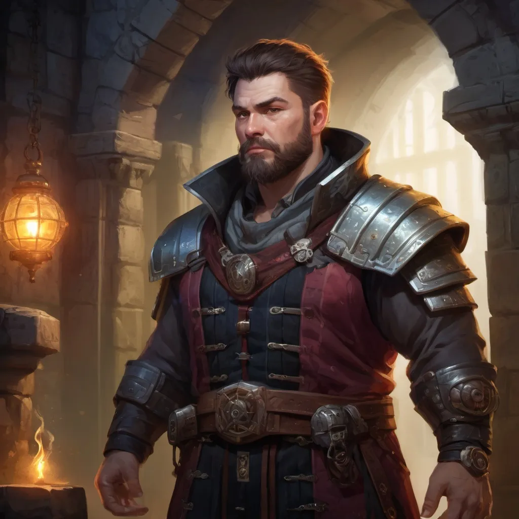 Prompt: Male stocky heavy-set magical engineer with short-cut hair and beard, fat, inside a temple dungeon at night, pathfinder, d&d setting, in a realistic high quality digital art style, enhanced shadow quality