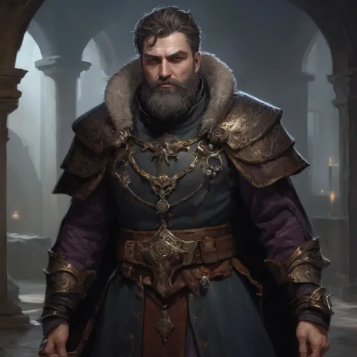 Prompt: Male stocky large royal magus with short-cut hair and beard, exploring a dark trasure room, pathfinder, d&d setting, realistic, enhanced shadow quality