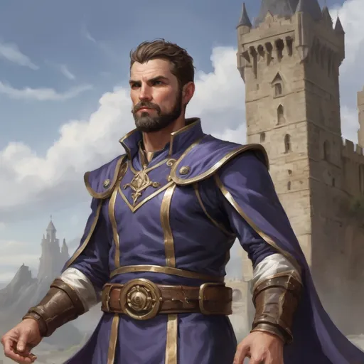 Prompt: Male heavy-set mature fit large royal spellcaster with short-cut hair and beard, in a windy castleground, pathfinder, d&d setting, enhanced shadow quality
