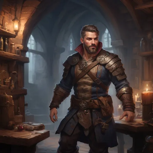 Prompt: Male stocky large muscular royal bard with short-cut hair and beard, exploring a dark tavern room, pathfinder, d&d setting, realistic, enhanced shadow quality