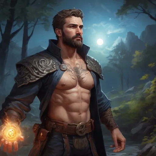 Prompt: male stocky heavy-set Albanian transmuter with short hair and beard,  hairy chest, casting swirly bright spell, in nature at night, pathfinder, d&d setting, in a realistic high quality digital art style