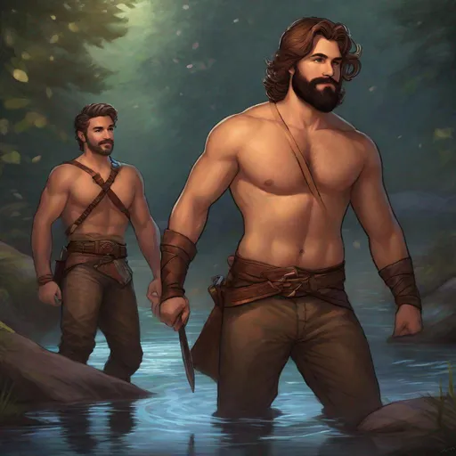 Prompt: (Fullbody) two male adult rangers manly face with short brown hair and beard, no shirt very hairy chest, swirly magic, touching each other romantic, pathfinder, dungeons and dragons, dark forest by a lake at midnight, in a painted style, realistic