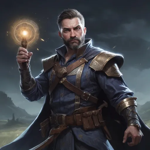 Prompt: (torso) Male stocky fit 39-year old spellcaster with short-cut hair and beard, holding a magic weapon, in movement, in a windy field at night pathfinder, d&d setting, enhanced shadow quality, colorful