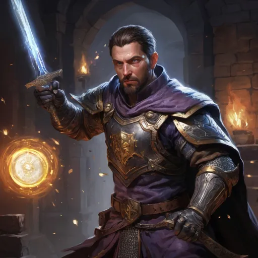 Prompt: Male stocky large battle-mage with short-cut hair and beard, wearing chainmail, engaged in combat casting a brightlight-spell inside of a dark dungeon, pathfinder, d&d setting, enhanced shadow quality, colorful
