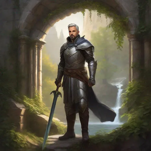 Prompt: (Full body) a paladin with short beard  grey short-cut hair, belt, boots, leather pants, holding a sword, standing in a dark overgrown temple ruin, fantasy setting, dungeons & dragons, in a painted style realistic art