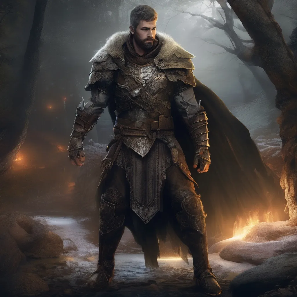 Prompt: (Full body) male handsome large muscular mage-hunter with short hair and beard, outside of a cave by a forest at night, pathfinder, d&d setting, in a realistic high quality digital art style