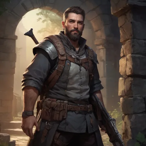 Prompt: (Full body) male stocky heavy-set marksman with short hair and beard, outside of a dungeon entrance in nature at night, pathfinder, d&d setting, in a realistic high quality digital art style, enhanced shadow and light