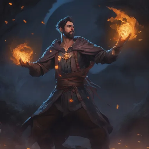 Prompt: (Full body) male muscular summoner with short hair and beard, in nature at night, casting a spell, pathfinder, d&d setting, in a realistic digital art style