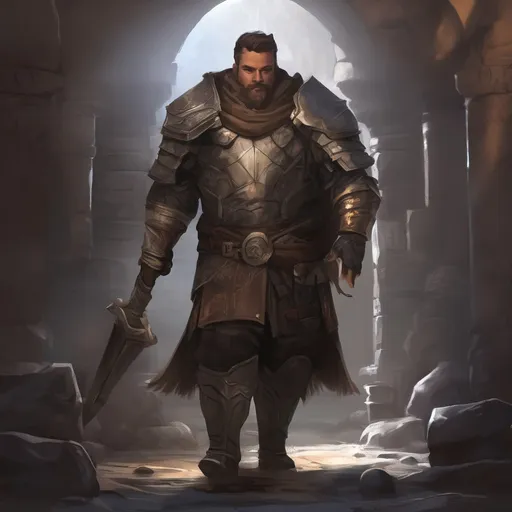 Prompt: (Full body) male stocky large paladin with short hair and beard, big belly, exploring a dark dungeon, pathfinder, d&d setting, in a realistic digital art style