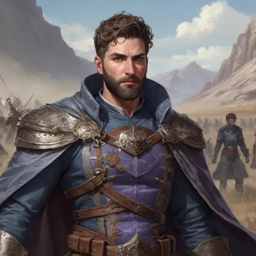 Prompt: Male stocky heavy-set argentinian royal magus with short-cut hair and beard, on a windy battlefield, pathfinder, d&d setting, in a realistic high quality digital art style, enhanced shadow quality