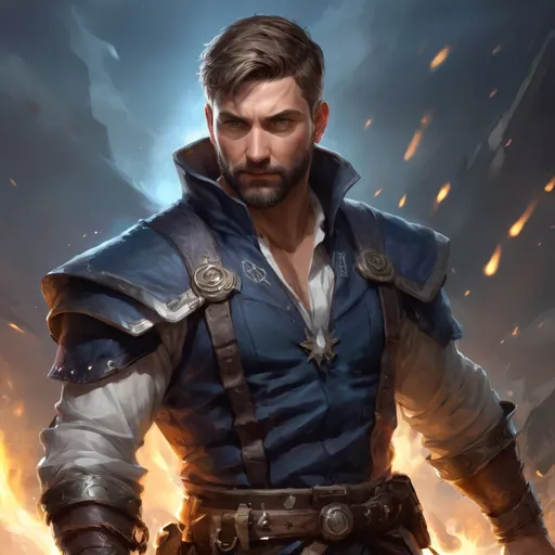 Prompt: (head and torso) Male heavy-set fit 30-year old hunky sorcerer with short-cut hair and beard, holding magic-spell, on a windy battlefield, pathfinder, d&d setting, enhanced shadow quality