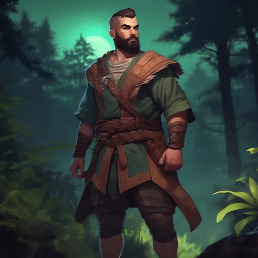 Prompt: (Full body) male magical stocky turk fighter with short hair and beard, in nature at night, pathfinder, d&d setting, in a realistic digital art style