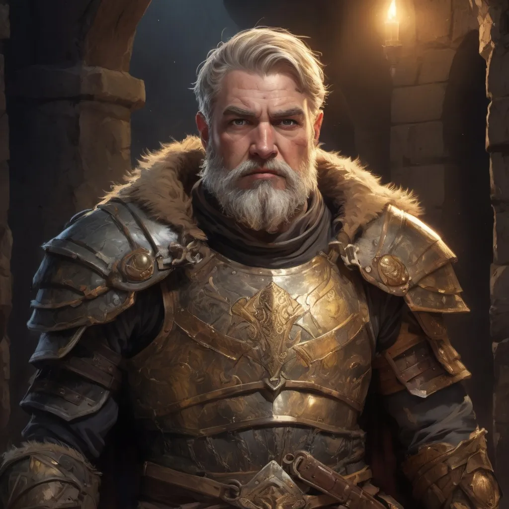 Prompt: Male stocky hairy mature warrior in  a breastplate, with short dark-blonde hair and beard, exploring a dark dungeon, pathfinder, d&d setting, in a realistic high quality digital art style, enhanced shadow quality, colorful