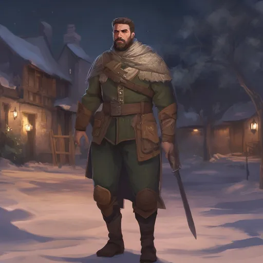 Prompt: (Full body) male manly stocky noble royal guard with dark short-cut hair and beard, in small village at night, pathfinder, d&d setting, in a realistic digital art style