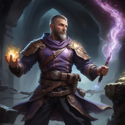 Prompt: Male stocky large mature arcane-mage with short-cut hair and beard, engaged in combat casting a prismatic-light spell inside of a dark dungeon, pathfinder, d&d setting, in a realistic high quality digital art style, enhanced shadow quality, colorful