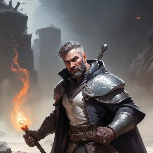 Prompt: Male stocky heavy-set mature illutionist with short-cut hair and beard, on a battlefield, in combat, casting a white-spell, pathfinder, d&d setting, in a realistic high quality digital art style, enhanced shadow quality, colorful