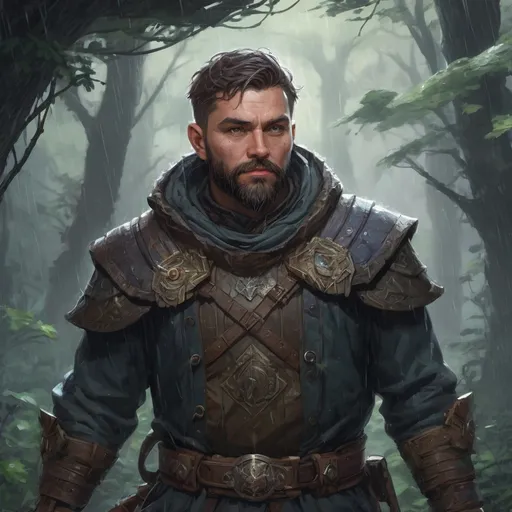 Prompt: Male stocky heavy-set astral-druid with short-cut hair and beard, in a thicket battlefield in a rainstorm, pathfinder, d&d setting, in a realistic high quality digital art style, enhanced shadow quality, colorful