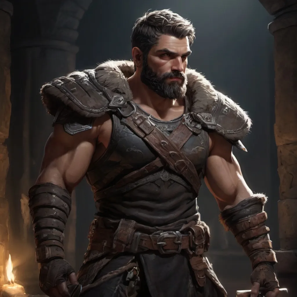 Prompt: Male stocky large muscular bandit with short-cut hair and beard, exploring a dark trasure room, pathfinder, d&d setting, realistic, enhanced shadow quality