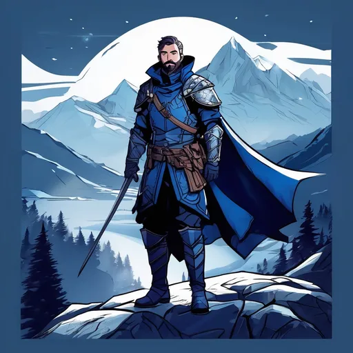 Prompt: (Full body) male rogue with short hair and beard, in rugged navy-blue armor, exploring a dark fantasy villiage by a mountain, pathfinder, d&d setting, in a detailed digital art style