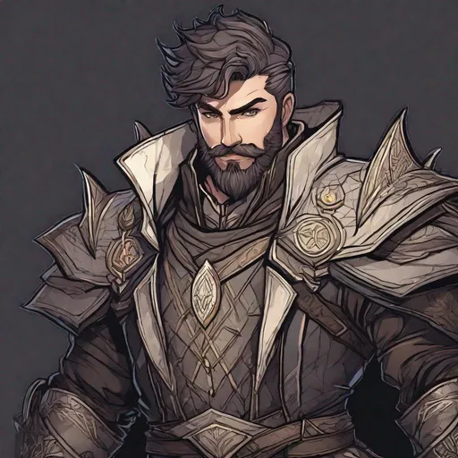 Prompt: (Full body) handsome arcane trickster glowing eyes with short cut hair beard, scar, manly face, dark light armor, pathfinder, dungeons and dragons, in a dark back street, in a painted style, realistic style