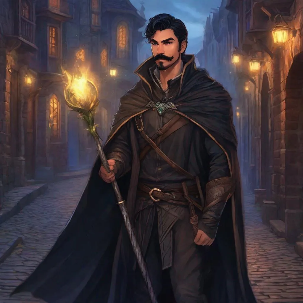 Prompt: A male mage bandit short-cut black hair looks like gay actor with hairy chest and mustache short-beard, holding a staff, cloak, manly, fantasy setting, dungeons and dragons, night time in a town street, in realistic digital art style