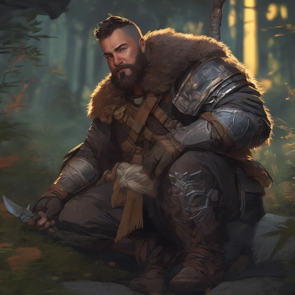 Prompt: (Full body) male stocky large warrior with short hair and beard, big belly, in nature at night, pathfinder, d&d setting, in a realistic digital art style