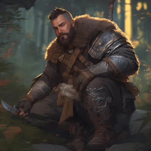 Prompt: (Full body) male stocky large warrior with short hair and beard, big belly, in nature at night, pathfinder, d&d setting, in a realistic digital art style