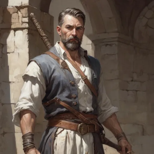 Prompt: (torso) Male stocky fit 39-year old alchemist with short-cut hair and beard, big pectorals holding a magic staff in movement, in an old fort, pathfinder, d&d setting, realistic, enhanced shadow quality, ((Norman Rockwell style))