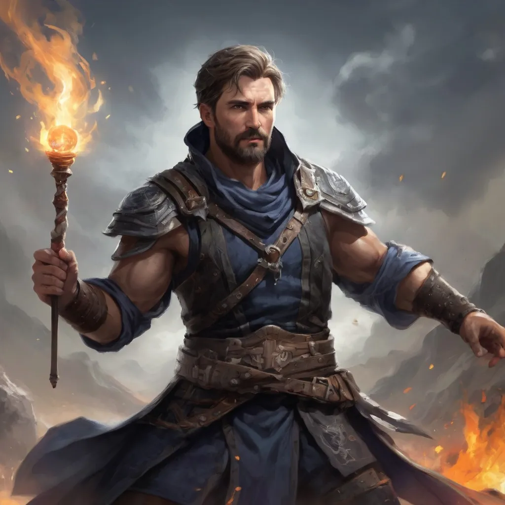 Prompt: (head and torso) Male heavy-set fit 30-year old hunky sorcerer with short-cut hair and beard, holding magic-spell, on a windy battlefield, pathfinder, d&d setting, enhanced shadow quality