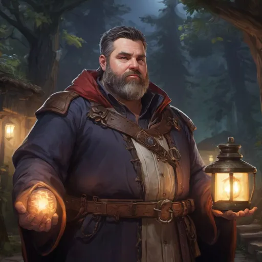 Prompt: Male stocky heavy-set fat magical sorcerer with short-cut hair and beard, outside of a small fantasy tavern by the woods at night, pathfinder, d&d setting, in a realistic high quality digital art style, enhanced shadow quality