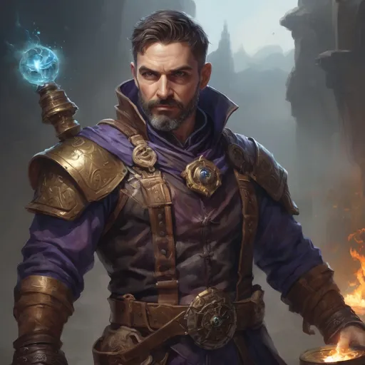 Prompt: Male stocky greek stocky fit mature arcane-alchemist with short-cut hair and beard, on a battlefield, in combat, holding a magic-potion, pathfinder, d&d setting, realistic high quality, enhanced shadow quality