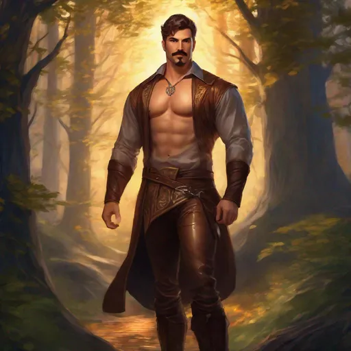 Prompt: (Full body) A male muscular arcanist with short cut hair with a mustache and stubble manly face, pathfinger, magic swirl, visible chest, leather pants, holding magic, dungeons and dragons, brown boots, fantasy setting, standing in a forest glade at night, in a painted style realistic art