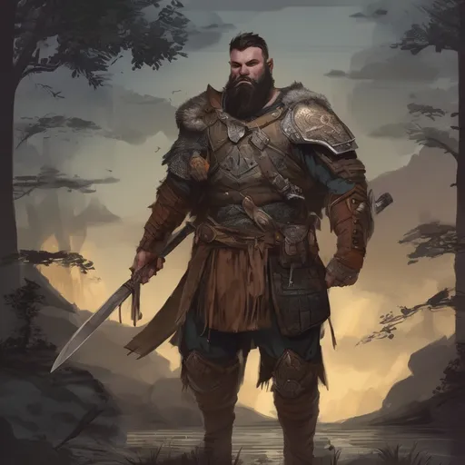 Prompt: (Full body) male stocky large warrior with short hair and beard, big belly, in nature at night, pathfinder, d&d setting, in a realistic digital art style