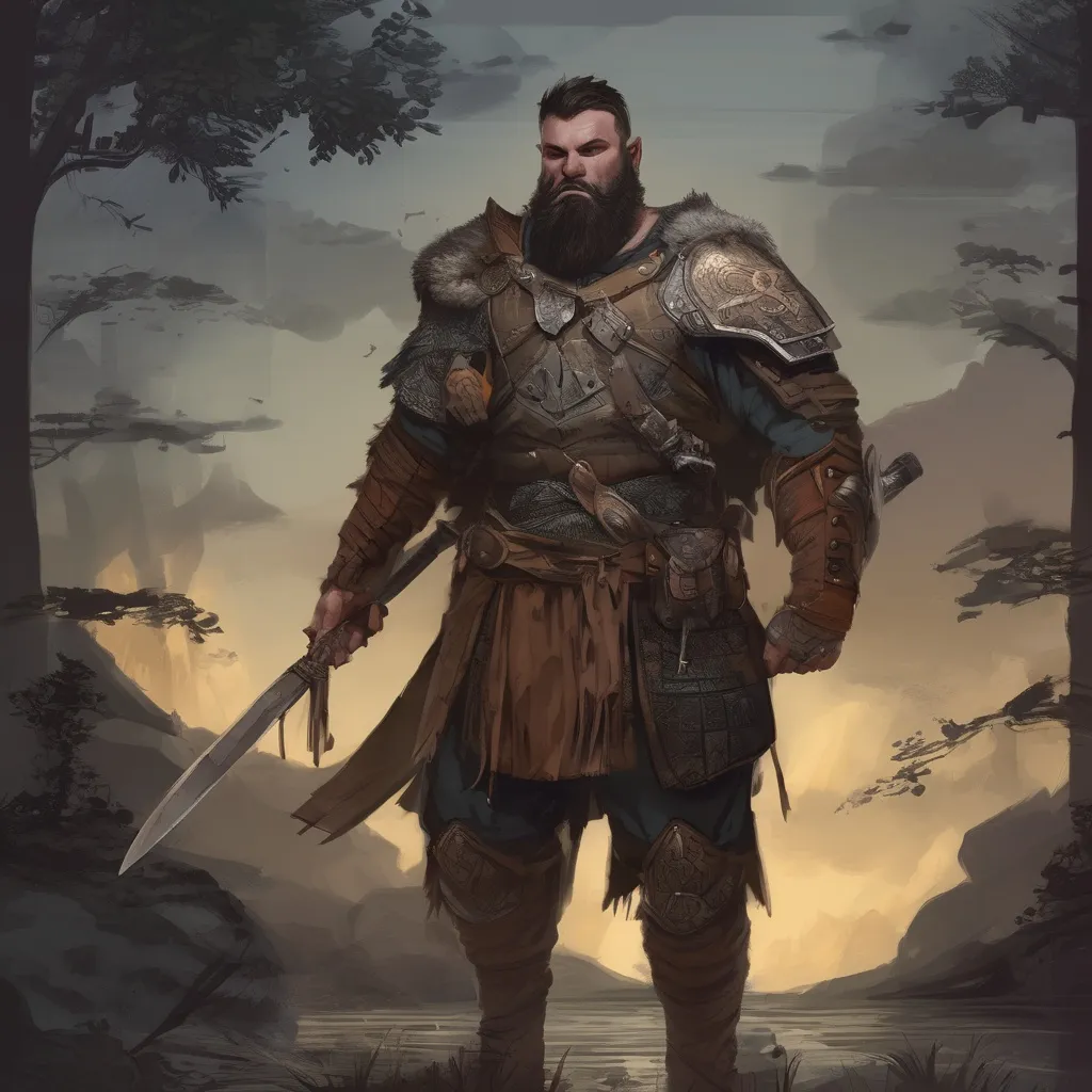 Prompt: (Full body) male stocky large warrior with short hair and beard, big belly, in nature at night, pathfinder, d&d setting, in a realistic digital art style