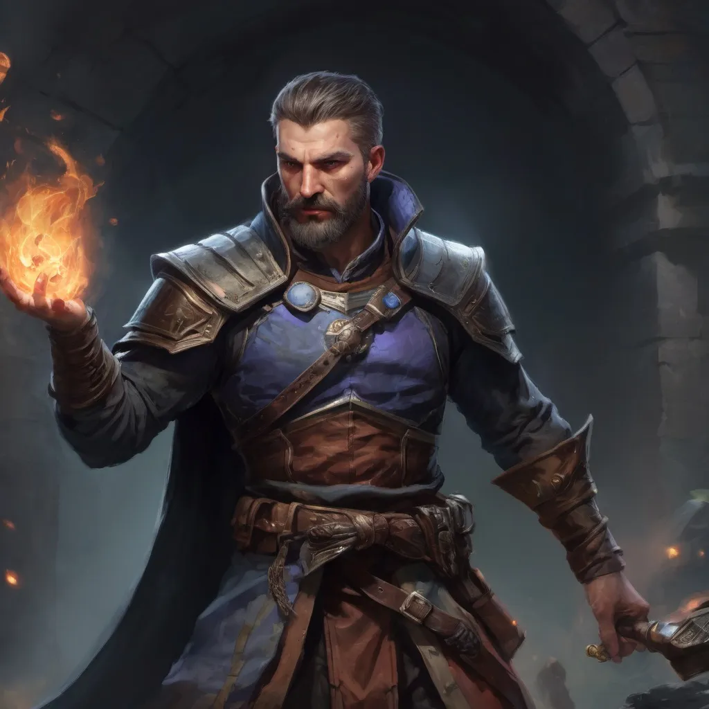 Prompt: (torso) Male stocky large danish handsome battle-mage with short-cut hair and beard, engaged in combat casting an arcane-spell inside of a dark dungeon, in movement, pathfinder, d&d setting, realistic, enhanced shadow quality, colorful