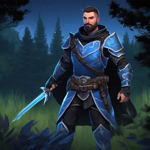 Prompt: (Full body) male ranger with short hair and beard, blue and black armor, in nature at night, pathfinder, d&d setting, in a realistic digital art style