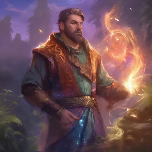 Prompt: (Full body) male stocky magus with short-cut hair and beard, casting a swirly astral-spell, in nature at night pathfinder, d&d setting, in a realistic digital art style