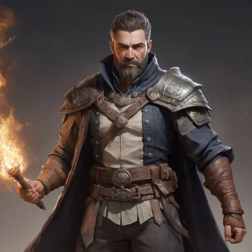 Prompt: Male stocky heavy-set mature illutionist with short-cut hair and beard, on a battlefield, in combat, casting a sage-spell, pathfinder, d&d setting, enhanced shadow quality, realistic